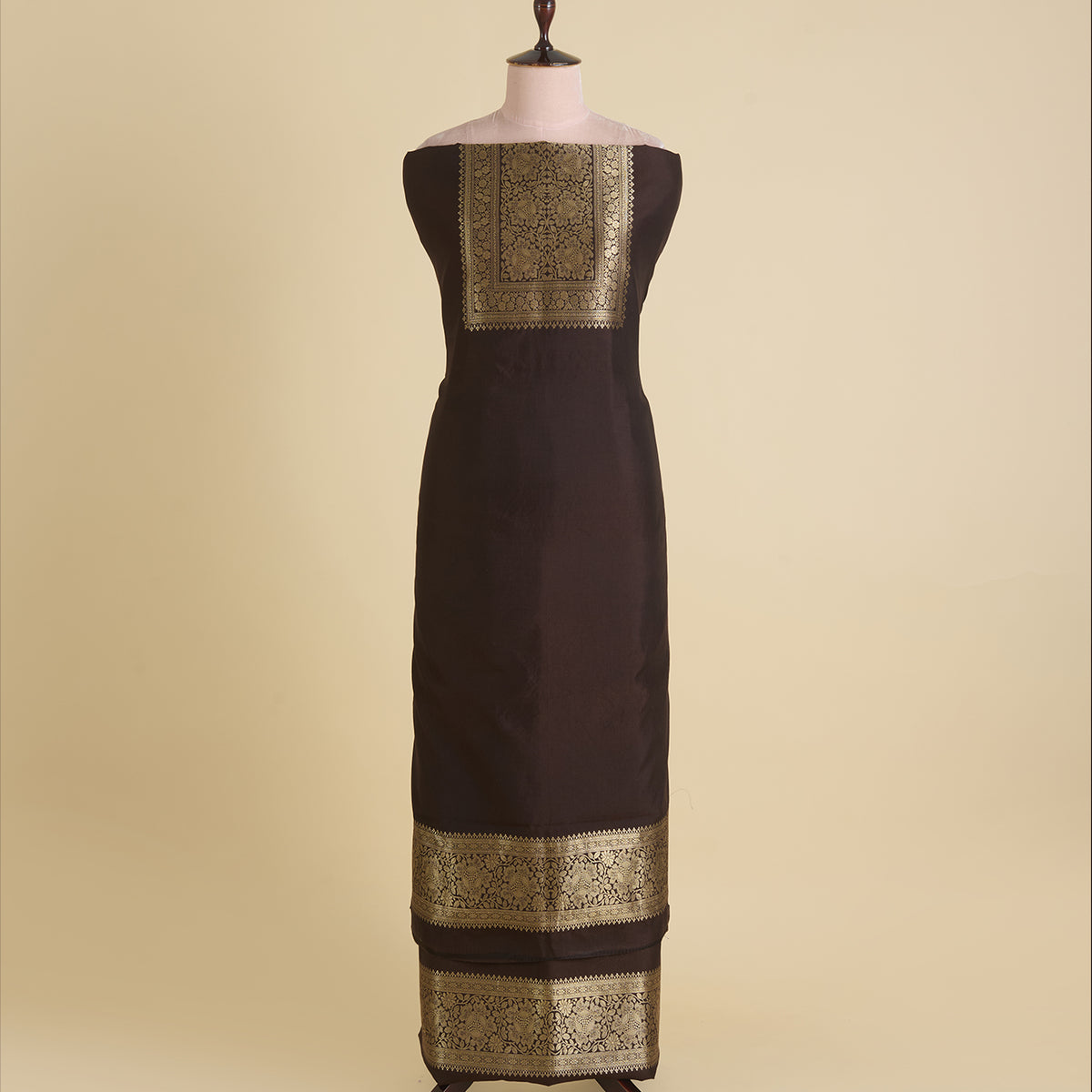Brown Katan Silk Gold Zari Neck Kurta Pant Fabric