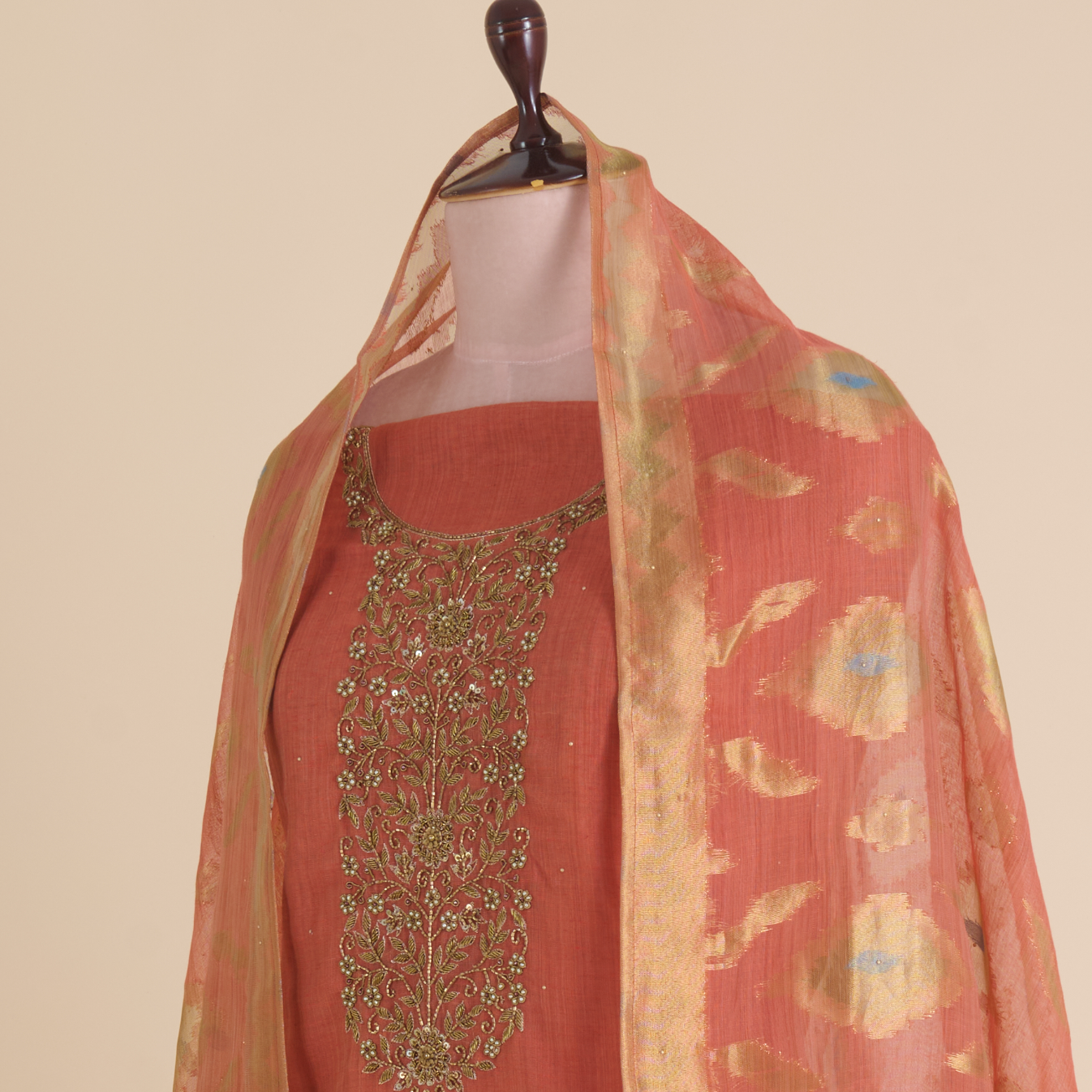 Dusty Peach Kora Chanderi Zardozi Embroidered Suit