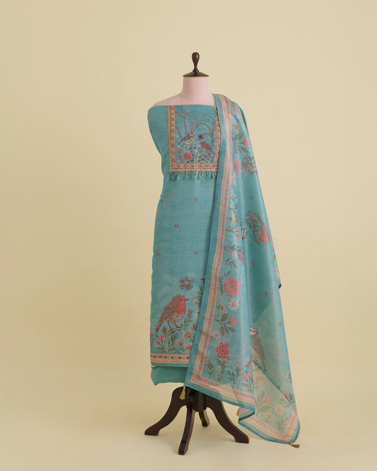 Sea Green Linen Tissue Printed Kurta with Embroidery & Dupatta Set
