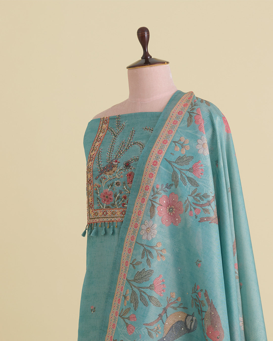 Sea Green Linen Tissue Printed Kurta with Embroidery & Dupatta Set