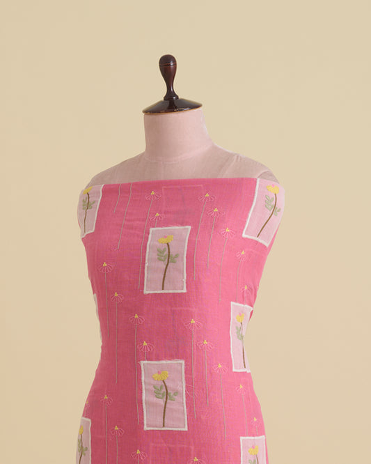 Pink Linen Fabric with Thread Applique Work Buta