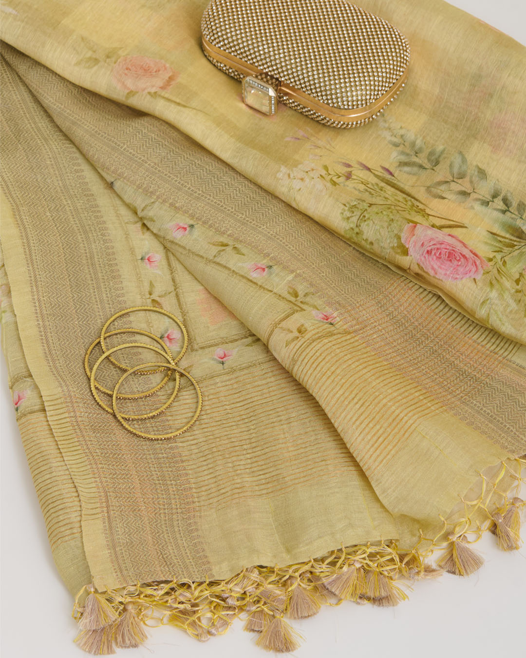 Pista Green Linen Digital Print Dupatta with Woven Buta & Border