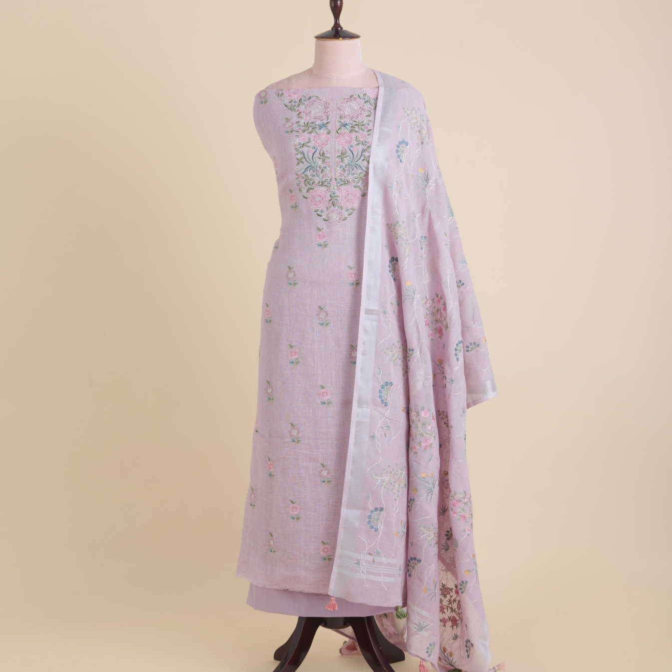 Lilac Linen Resham & Zari Embroidered Kurta Set