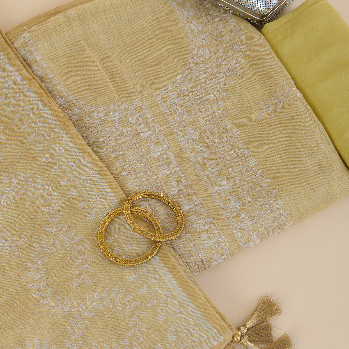 Lemon Linen Tissue Printed Kurta with Zari Embroidery & Dupatta