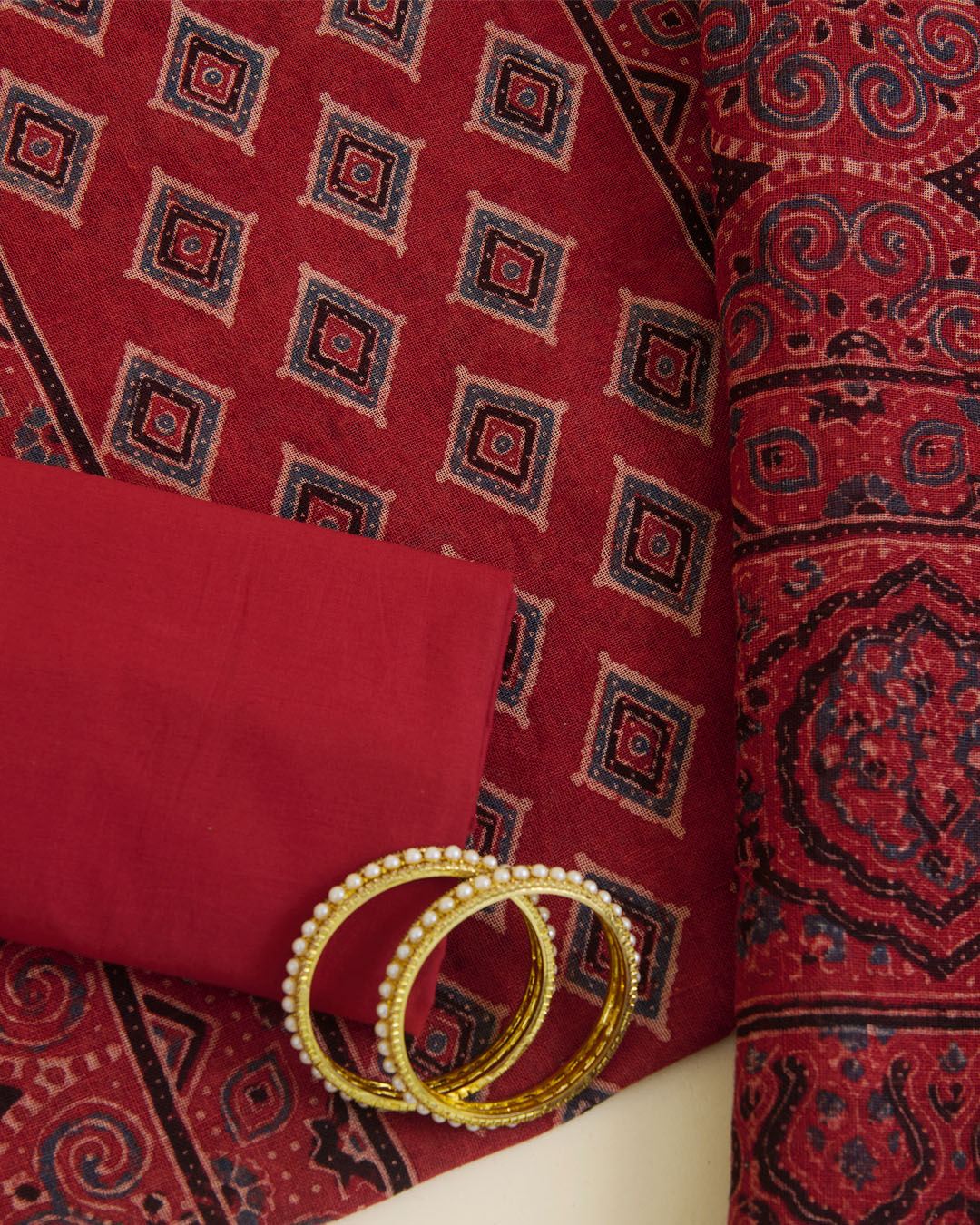 Maroon Ajrak Linen Kurta with Printed Dupatta & Cotton Bottom