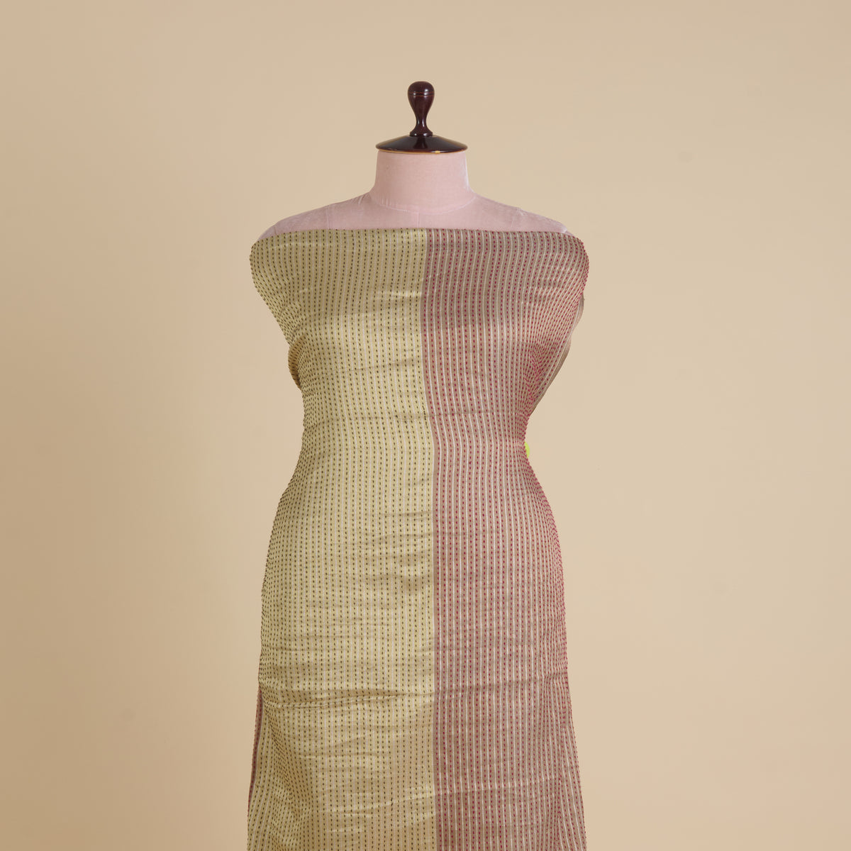 Beige Gold Muga Mercerized Zari Stripes with Katha Stitch Fabric