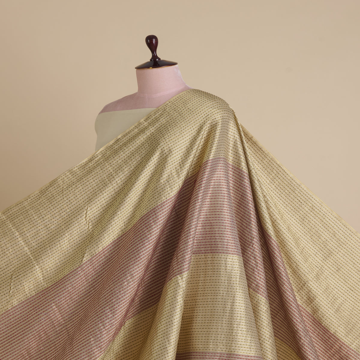 Beige Gold Muga Mercerized Zari Stripes with Katha Stitch Fabric