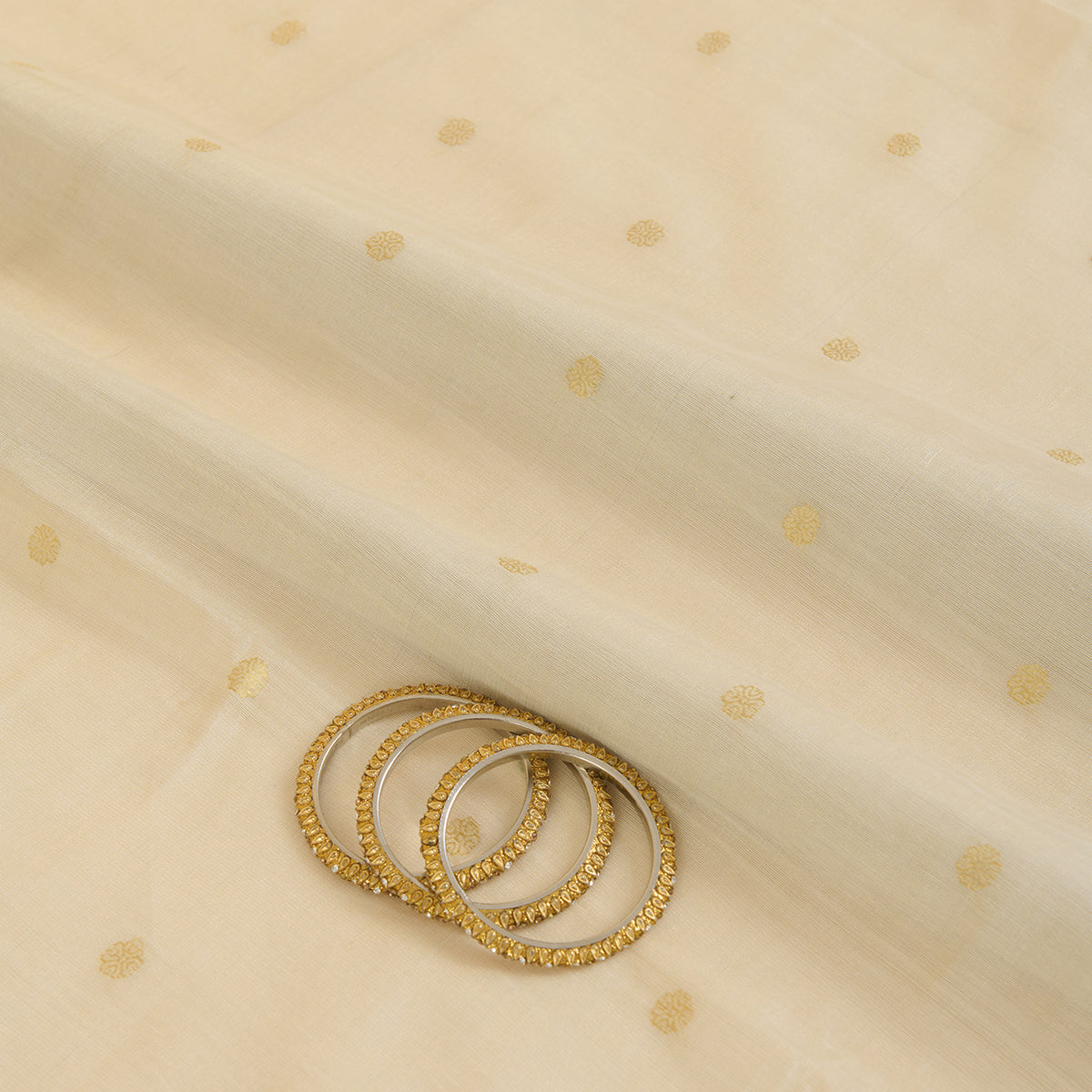 Beige Gold Muga Tissue Woven Buti Fabric