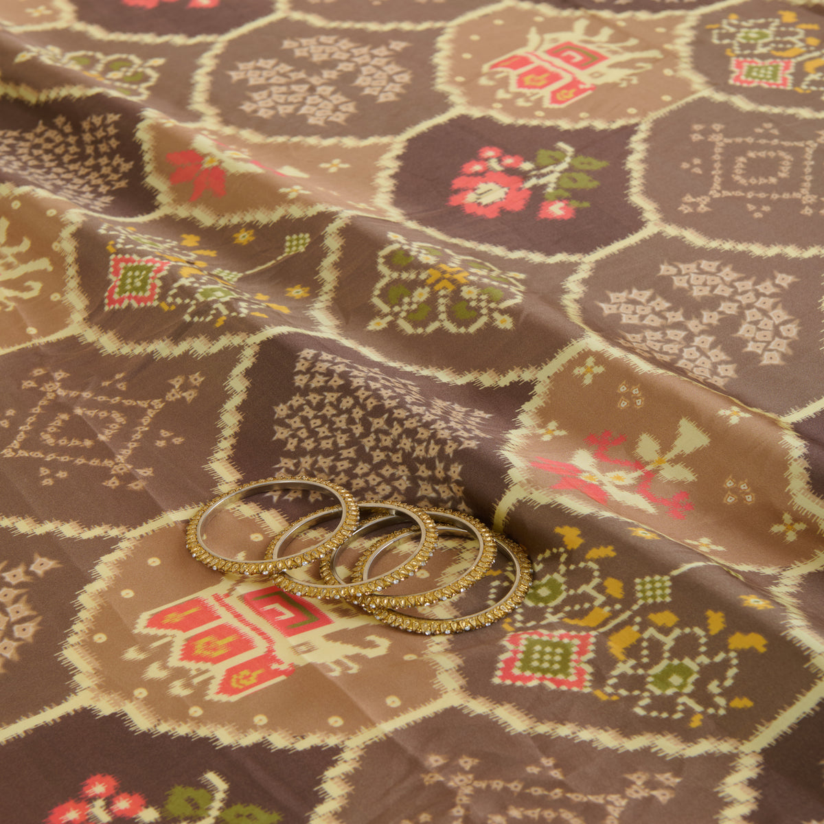 Light Brown Modal Satin Digital Floral Print Fabric