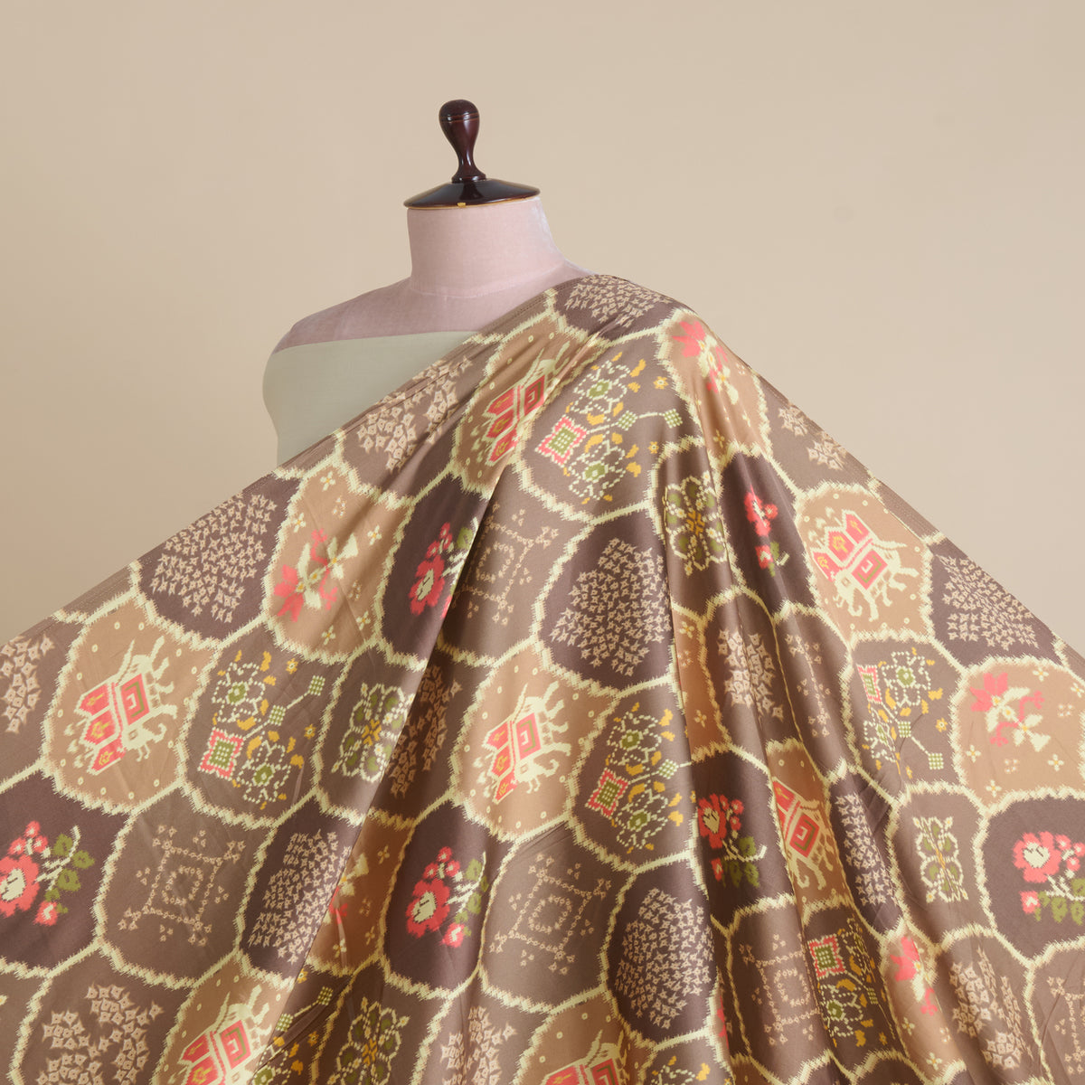 Light Brown Modal Satin Digital Floral Print Fabric