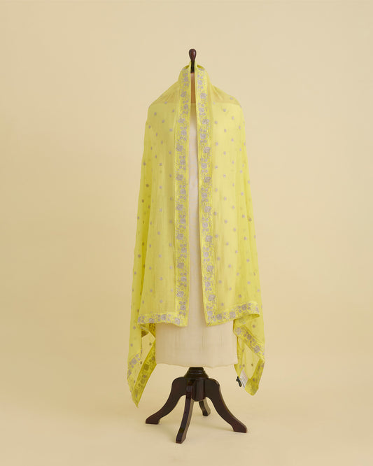 Lemon Yellow Malai Chanderi Dupatta with Taar Buta Border Embroidery