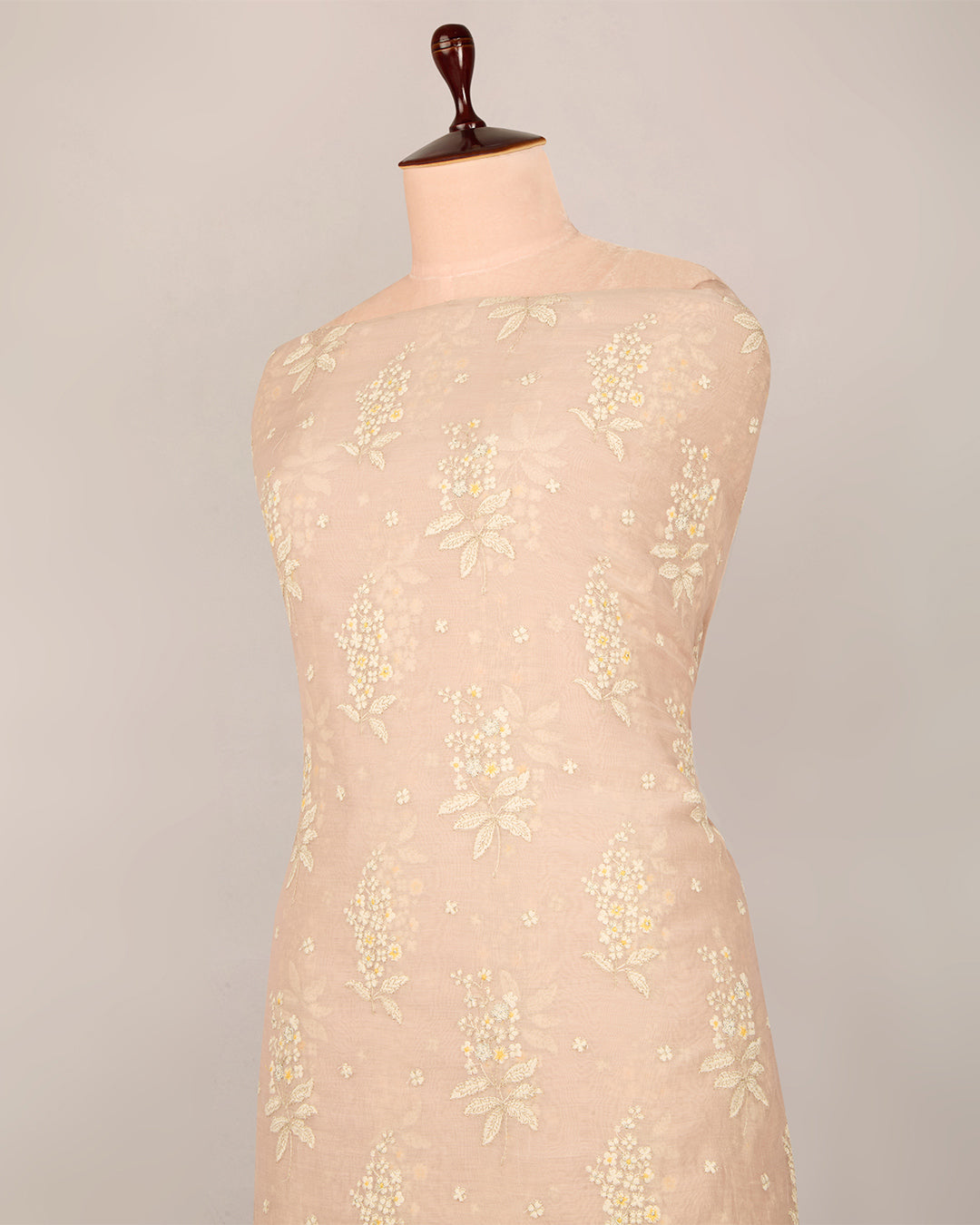 Light Peach Malai Chanderi Thread & Zari Buta Embroidery Fabric