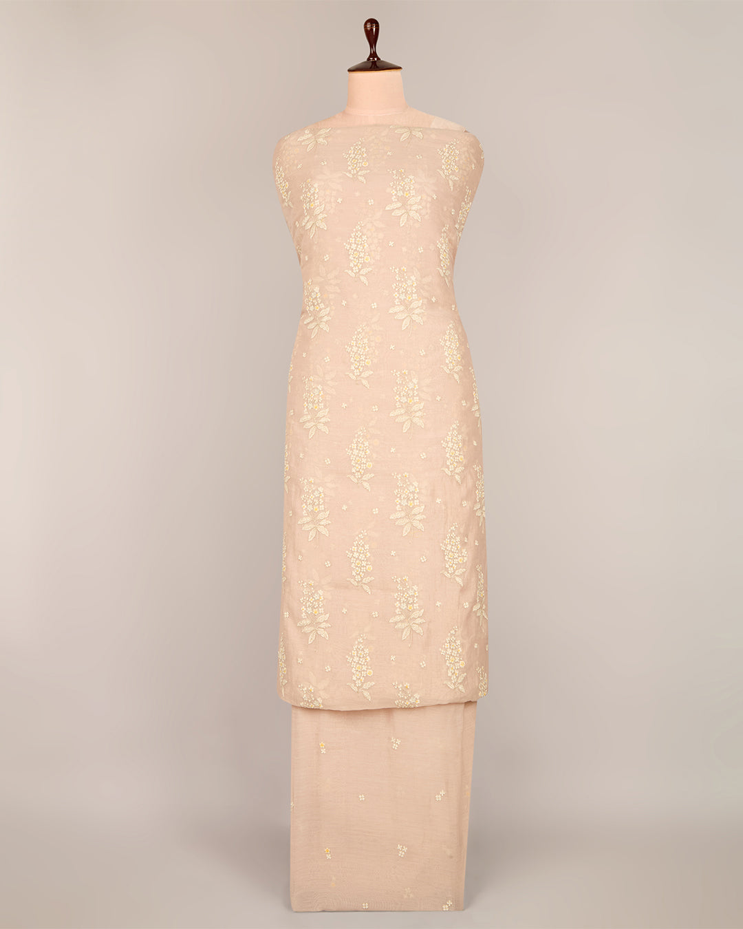 Light Peach Malai Chanderi Thread & Zari Buta Embroidery Fabric