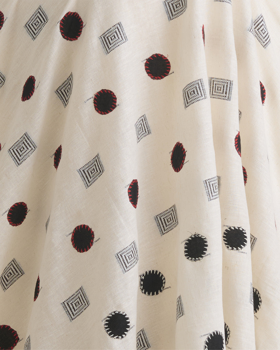 Off White Mal Cotton Applique Printed Fabric with Polka Embroidery
