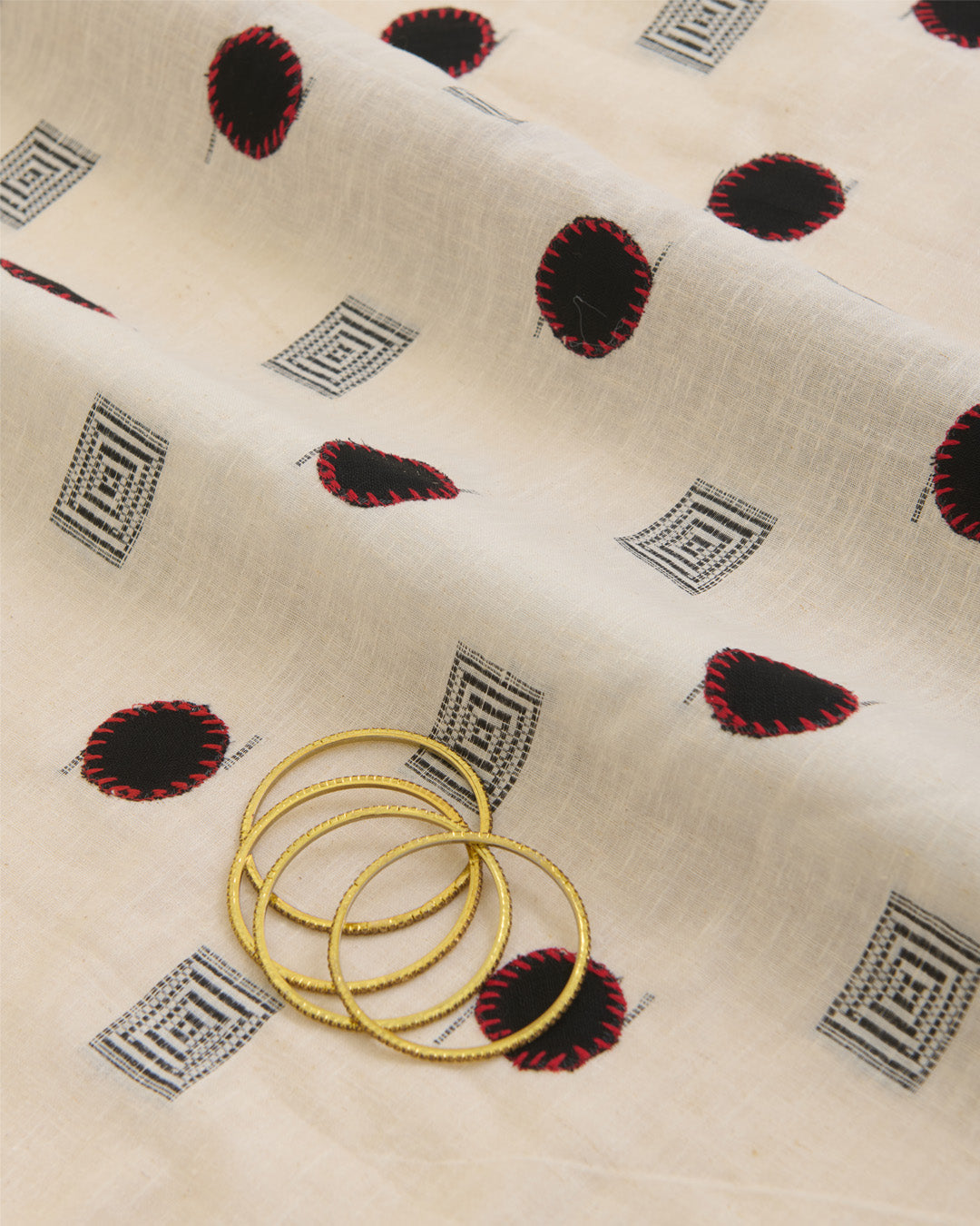 Off White Mal Cotton Applique Printed Fabric with Polka Embroidery