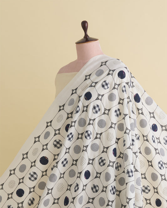 Off White Mal Cotton Applique Printed Fabric with Polka Embroidery