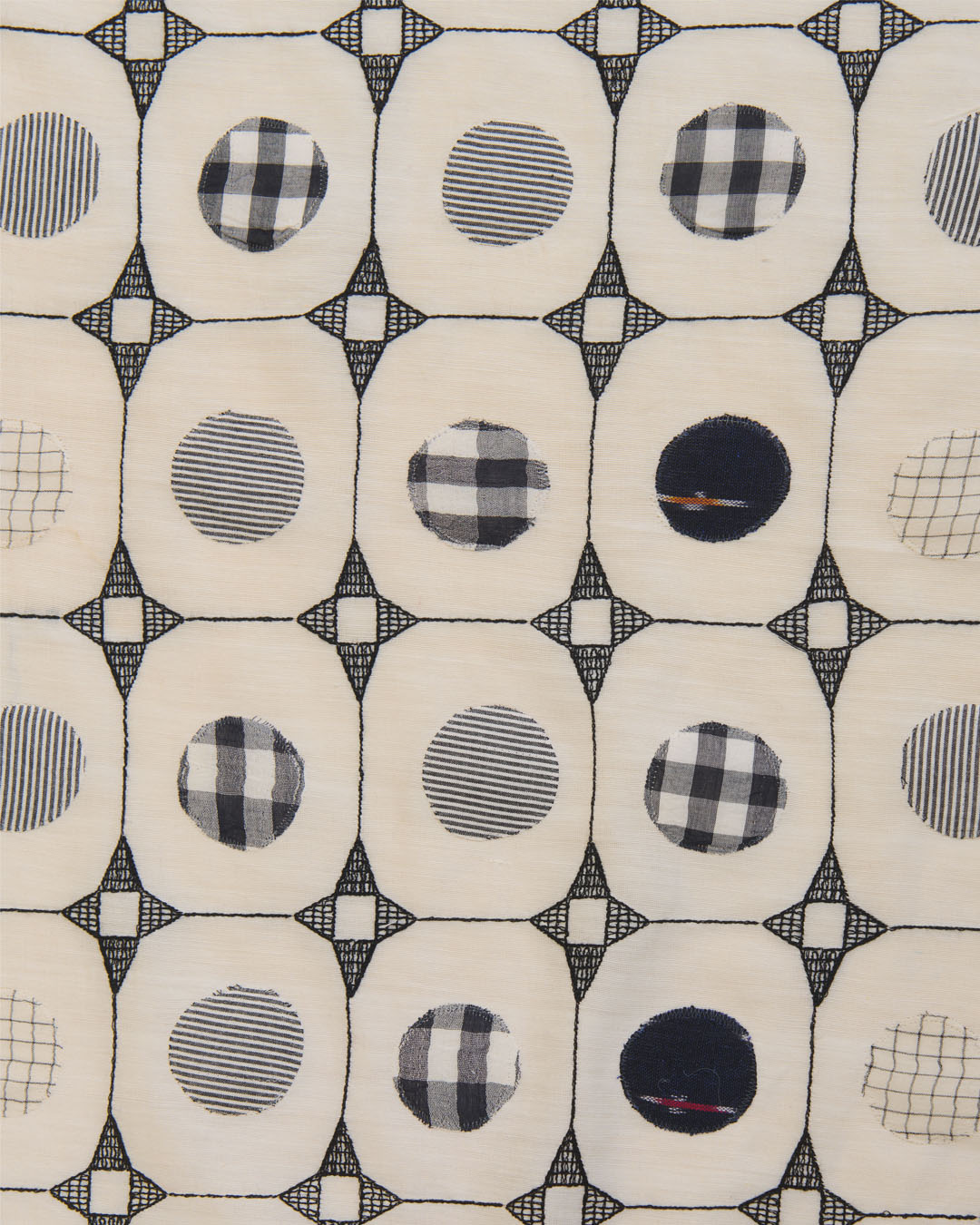 Off White Mal Cotton Applique Printed Fabric with Polka Embroidery