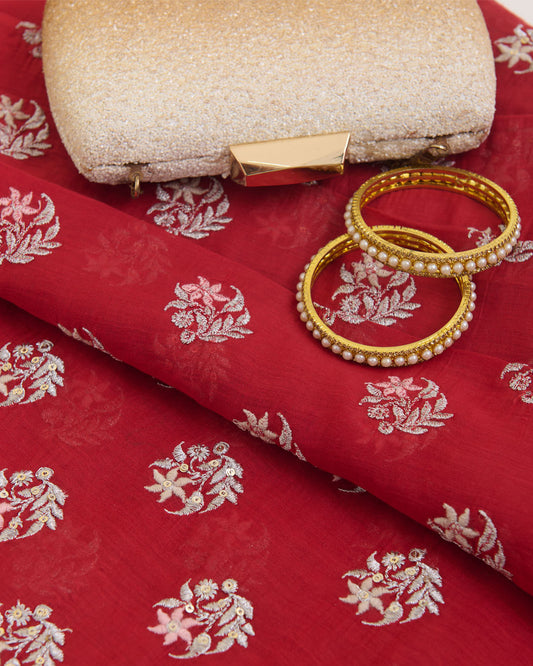 Red Malai Chanderi Fabric with Resham, Zari & Sequin Buta Embroidery