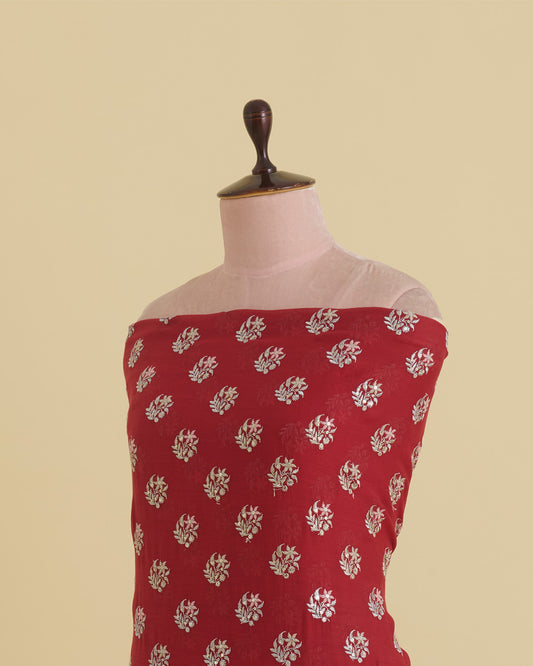 Red Malai Chanderi Fabric with Resham, Zari & Sequin Buta Embroidery