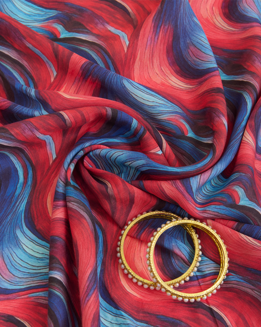 Malai Cotton Silk Geometric Printed Fabric – Blue/Red