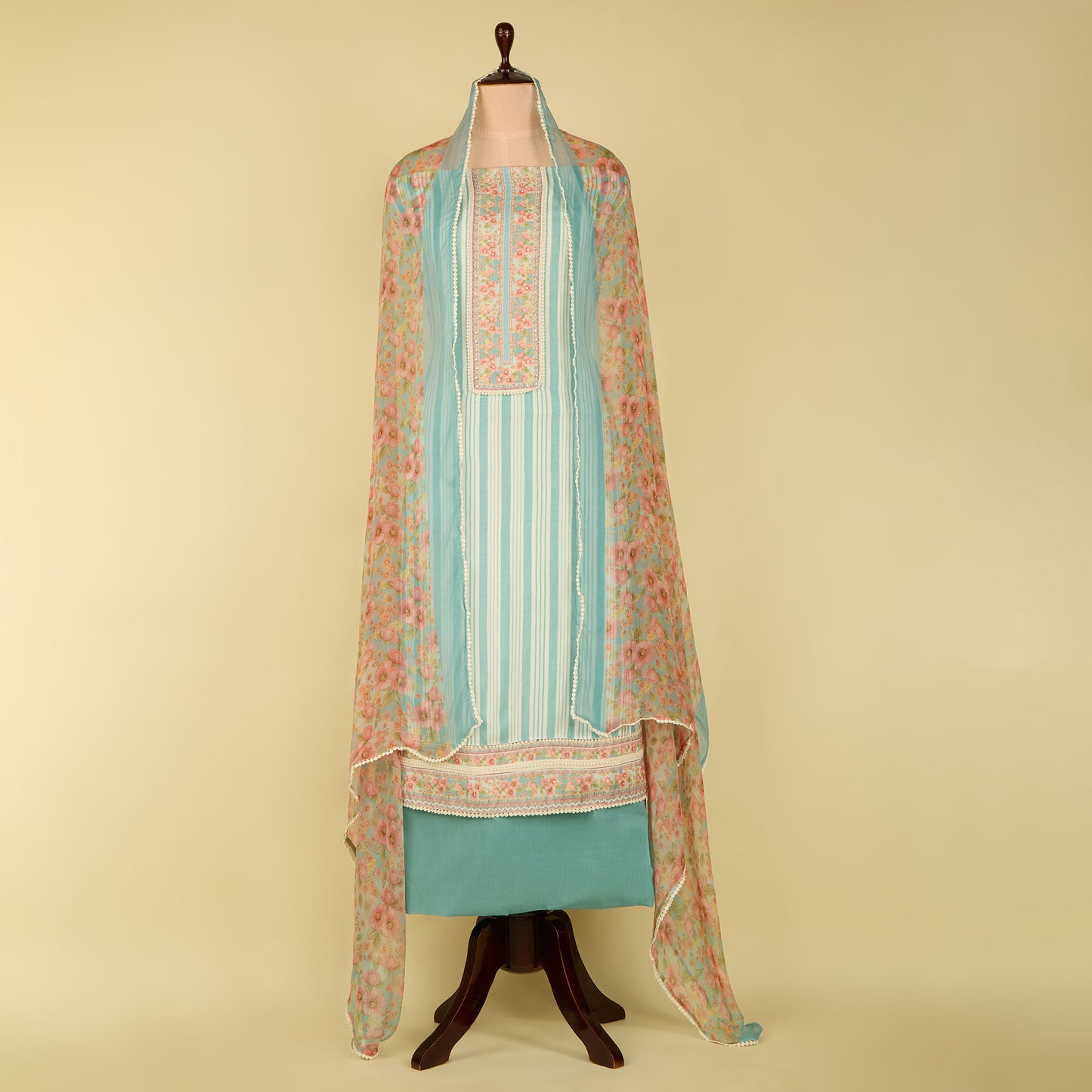 Aqua Blue Muslin Printed Suit with Chiffon Printed Dupatta