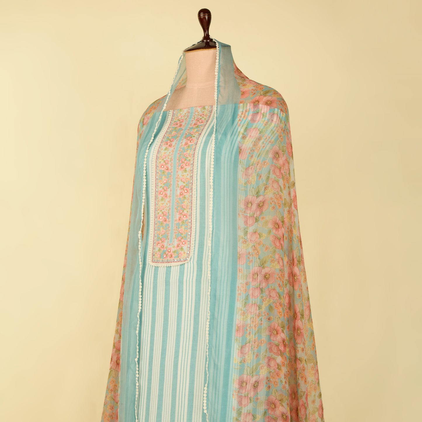 Aqua Blue Muslin Printed Suit with Chiffon Printed Dupatta