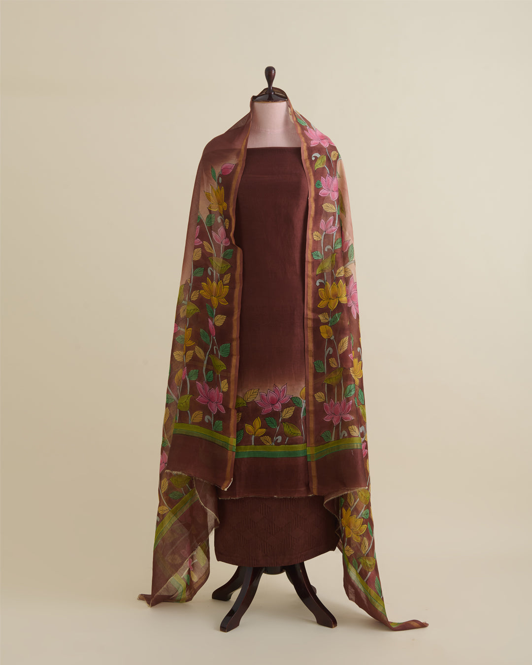 Brown Maheshwari Kalamkari Printed Suit with Dupatta
