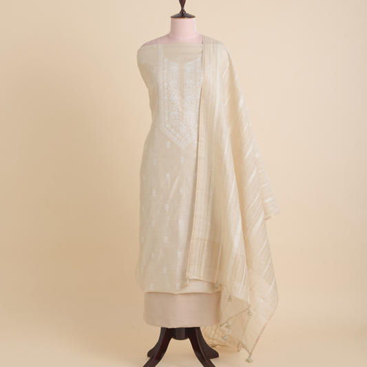 Beige Muga Silk Thread Embroidered Suit with Woven Dupatta