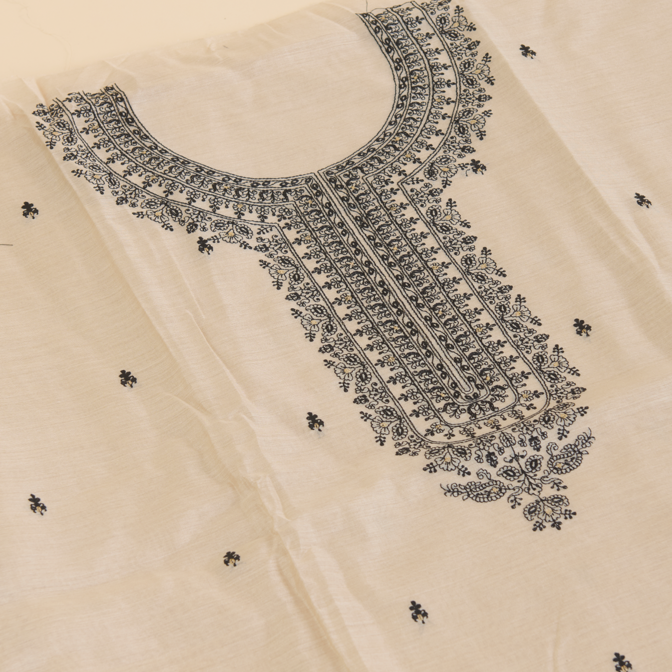 Beige Black Muga Silk Thread Embroidered Suit with Woven Dupatta