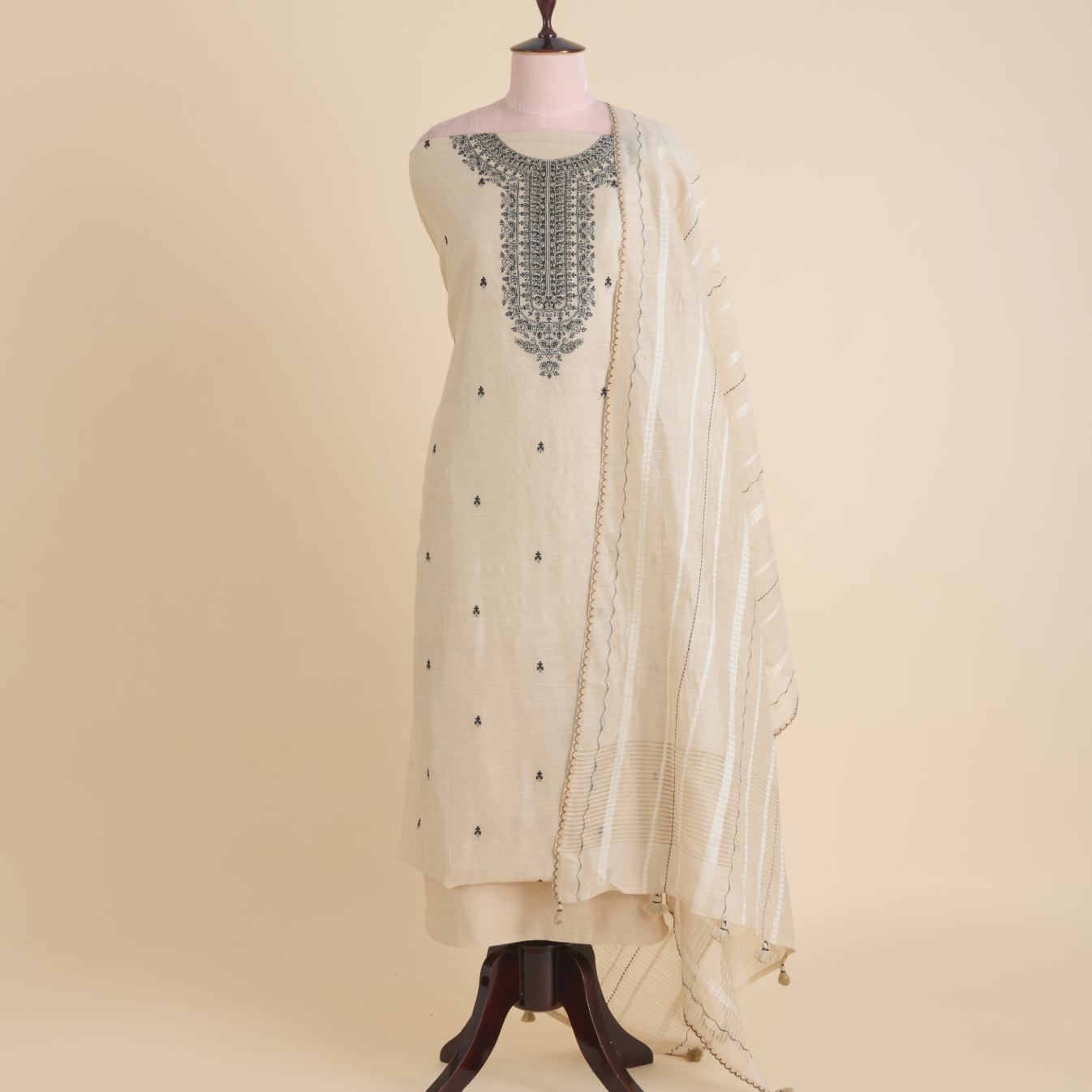 Beige Black Muga Silk Thread Embroidered Suit with Woven Dupatta