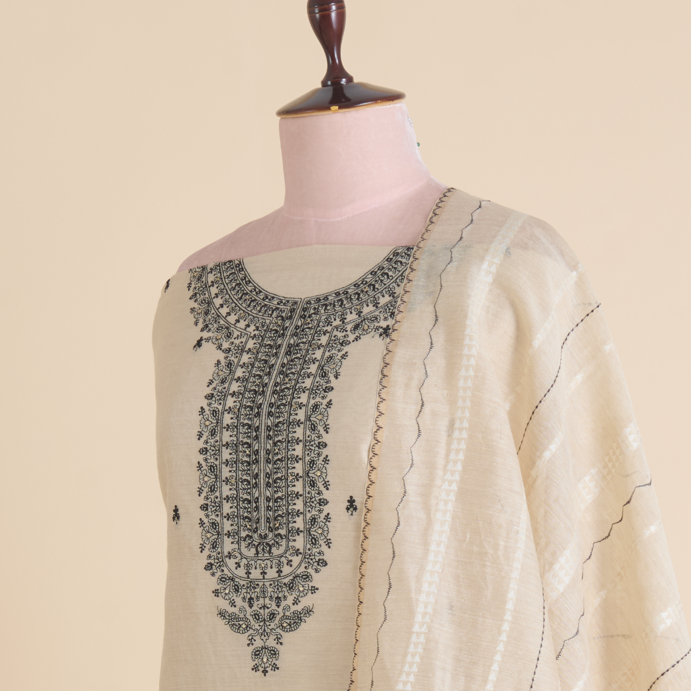Beige Black Muga Silk Thread Embroidered Suit with Woven Dupatta