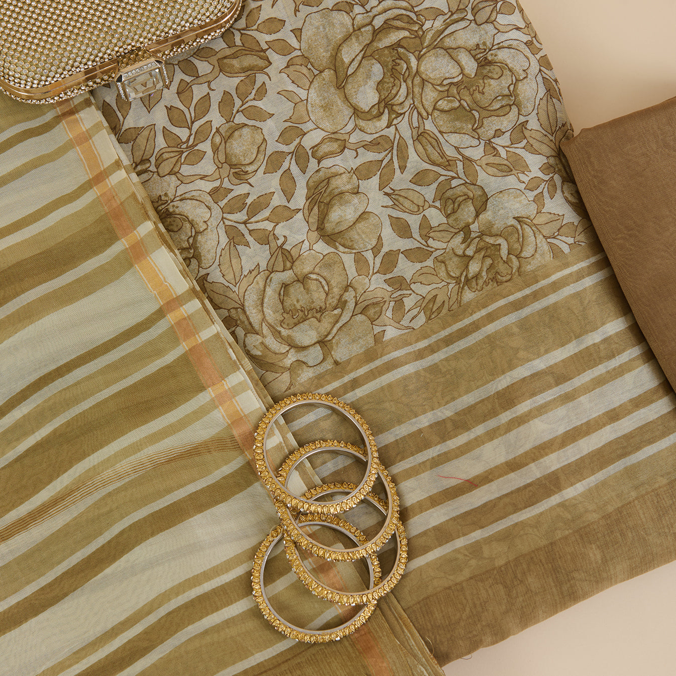 Beige Maheshwari Printed Kurta with Dupatta & Shantoon Bottom