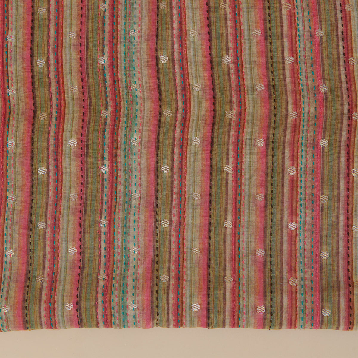 Beige Maheshwari Printed Woven Kurta with Katha Stitch Embroidery