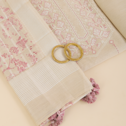 Beige Muga Silk Thread Embroidered Suit with Woven Dupatta