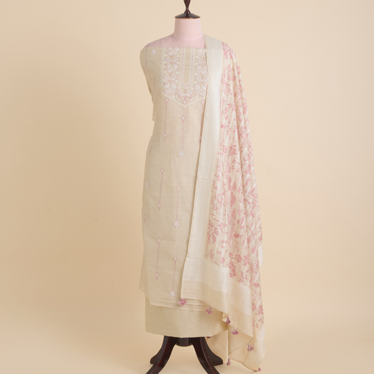 Beige Muga Silk Thread Embroidered Suit with Woven Dupatta