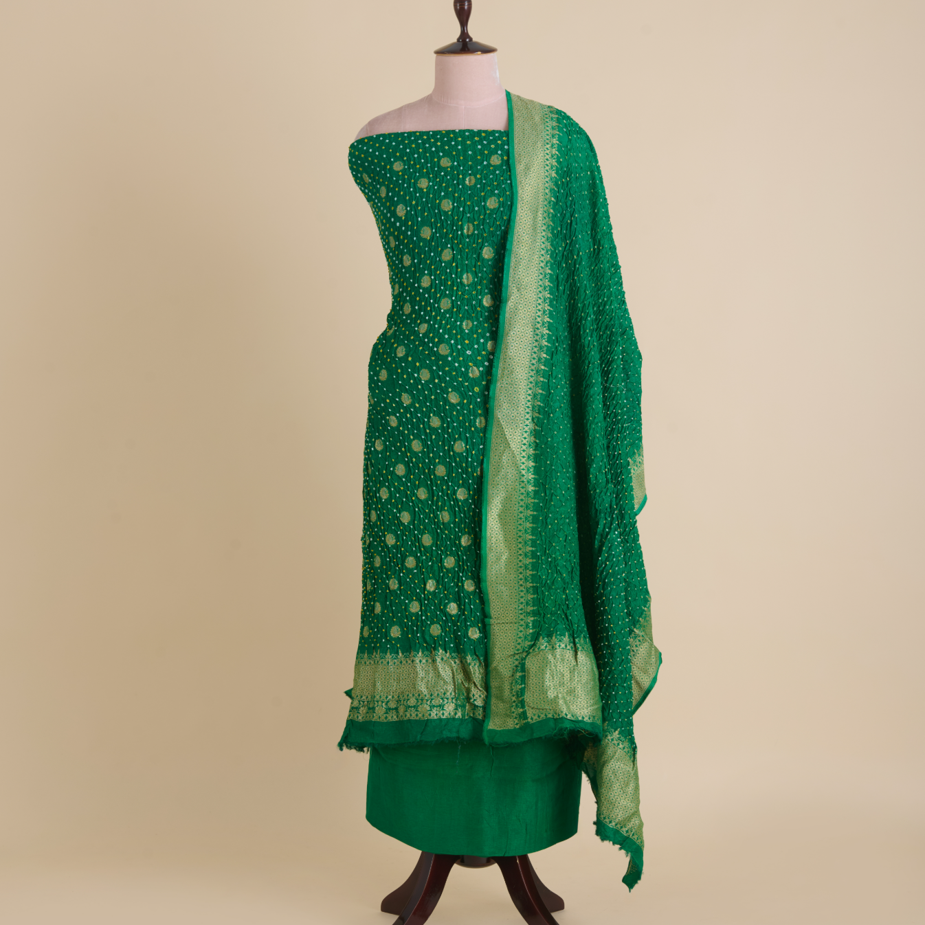 Bottle Green Muga Silk Bandhej Woven Suit Set