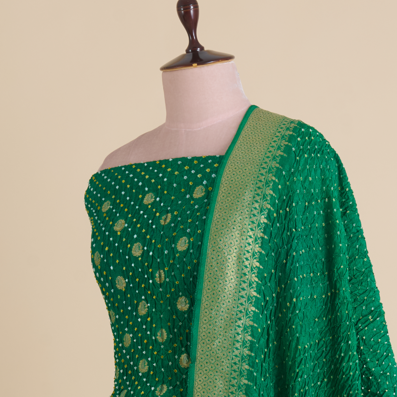 Bottle Green Muga Silk Bandhej Woven Suit Set
