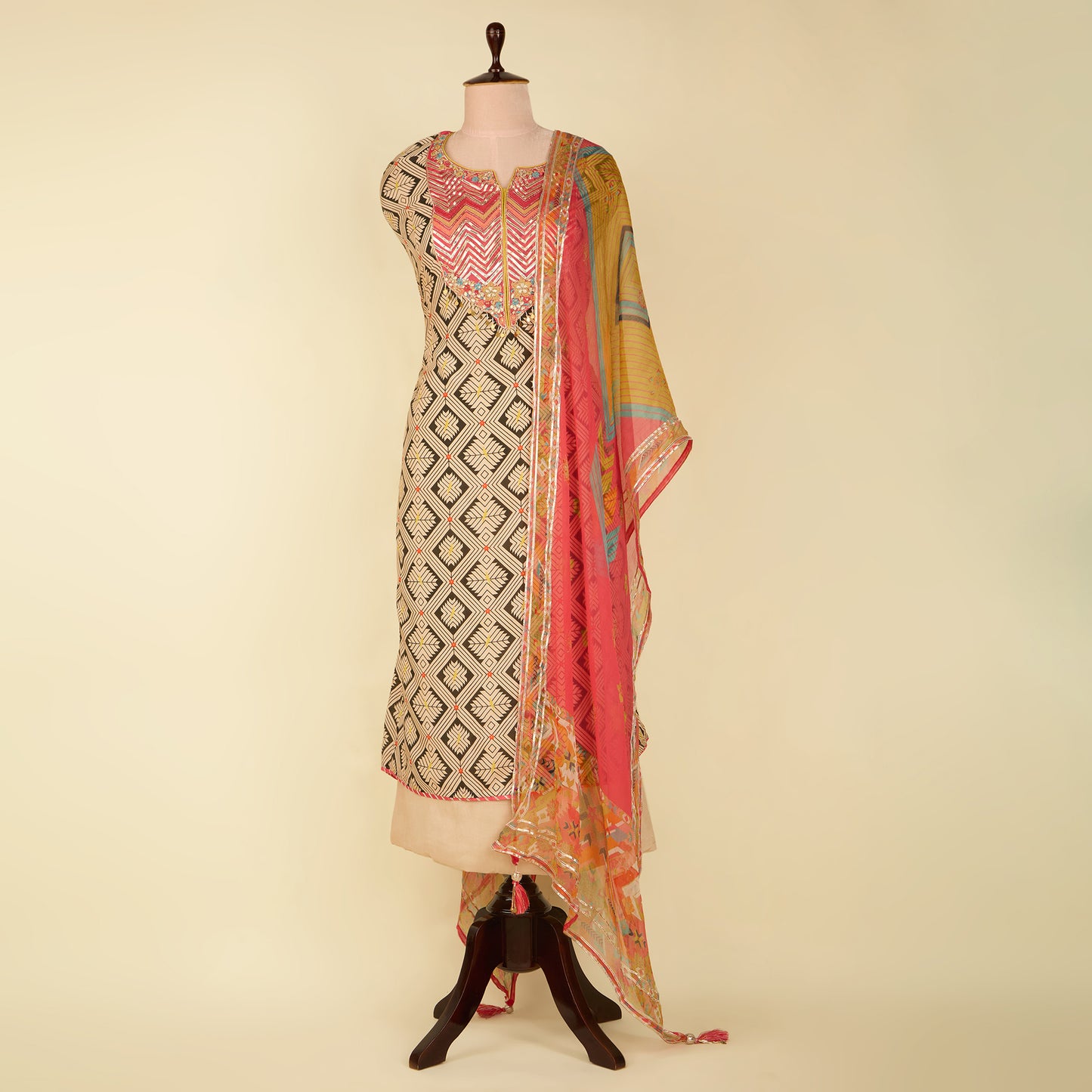 Beige Muslin Printed Suit with Embroidered Chiffon Dupatta – Vandana