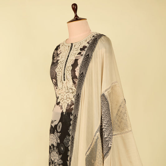 Black Muslin Printed Suit with Embroidered Dupatta