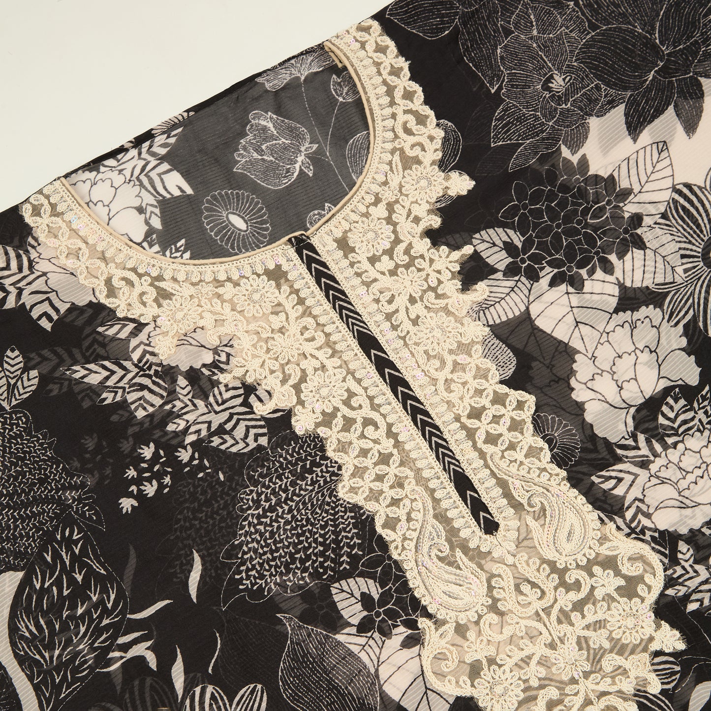 Black Muslin Printed Suit with Embroidered Dupatta