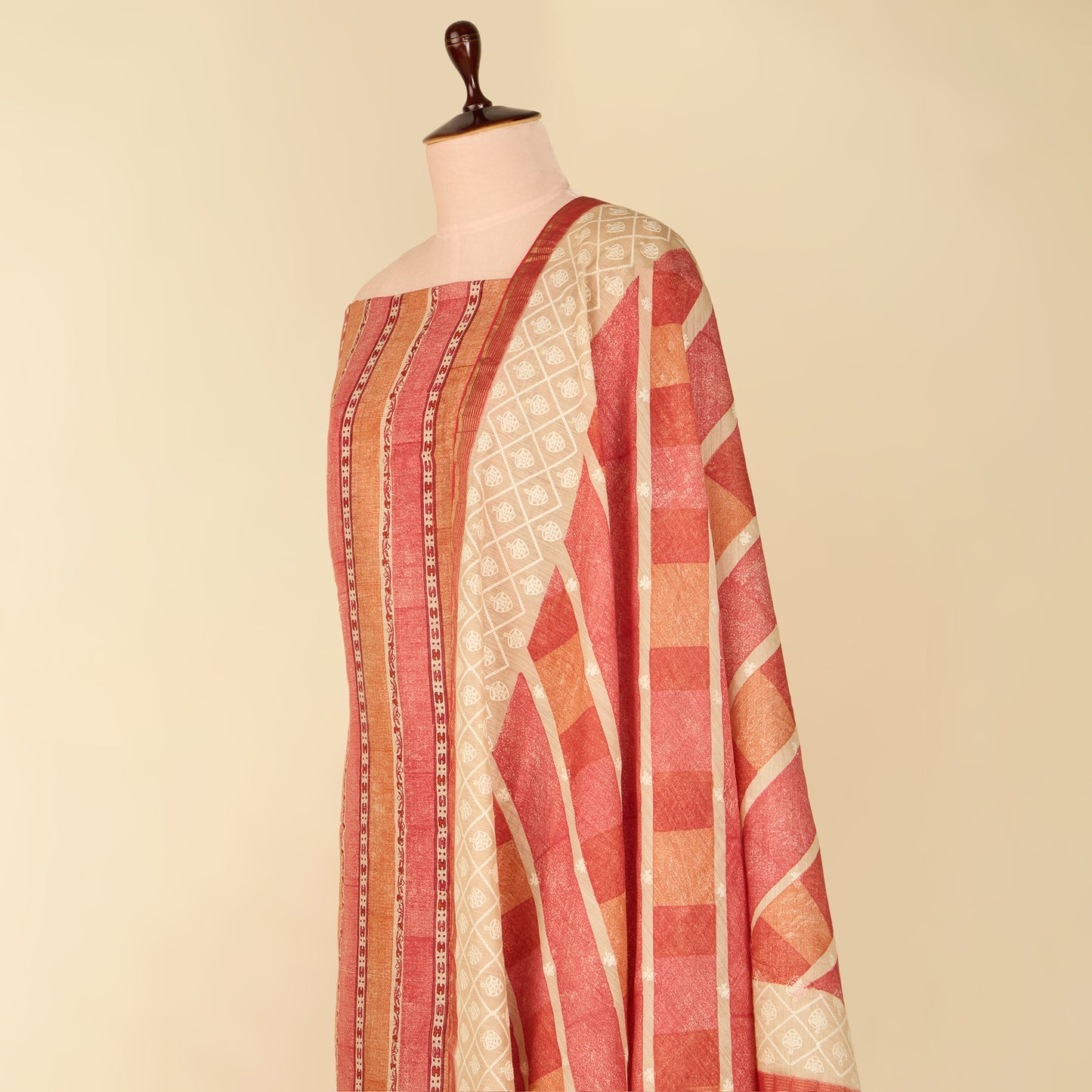 Carrot Pink Muga Silk Printed Suit with Woven Dupatta