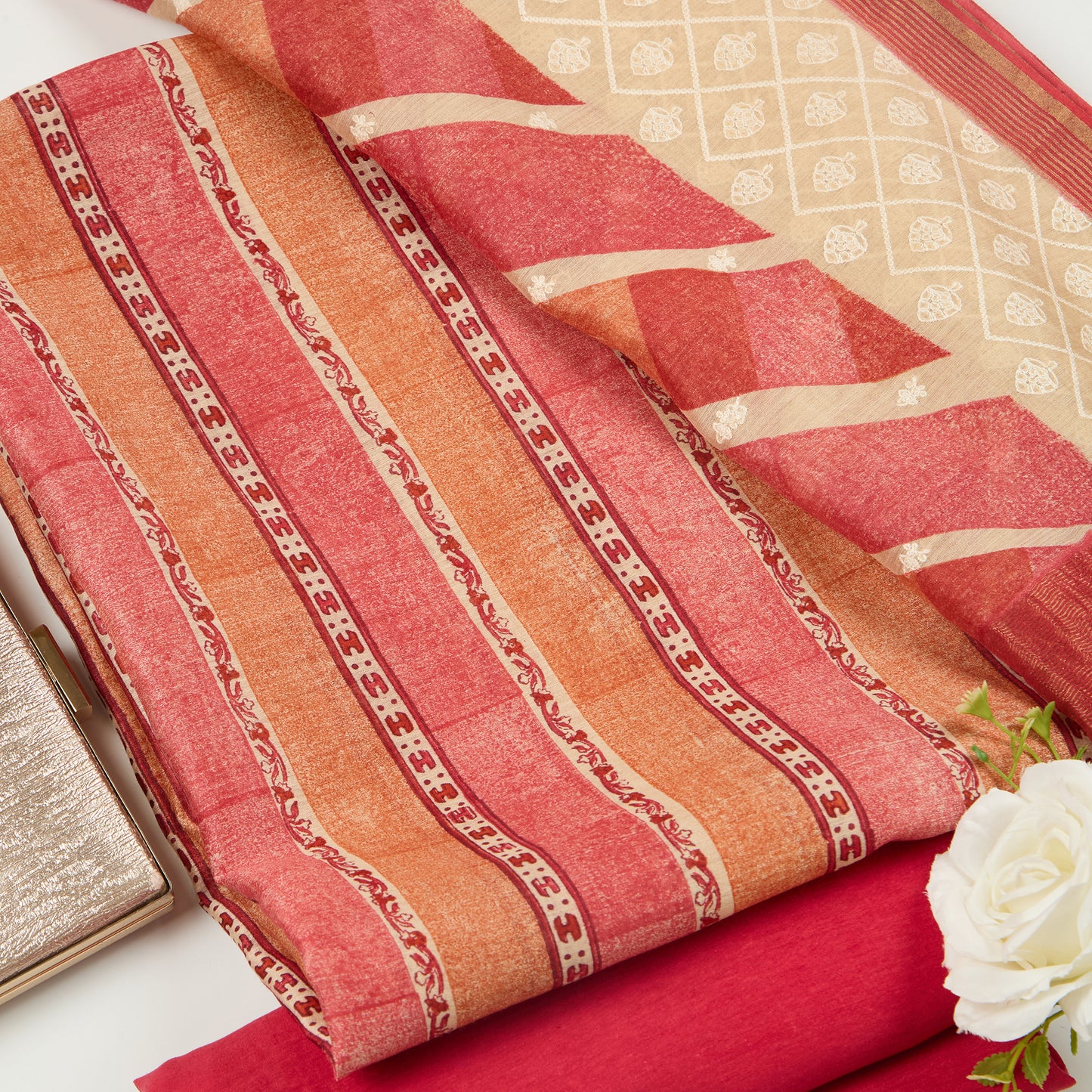 Carrot Pink Muga Silk Printed Suit with Woven Dupatta
