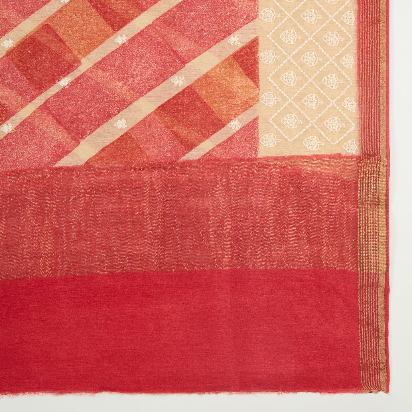 Carrot Pink Muga Silk Printed Suit with Woven Dupatta