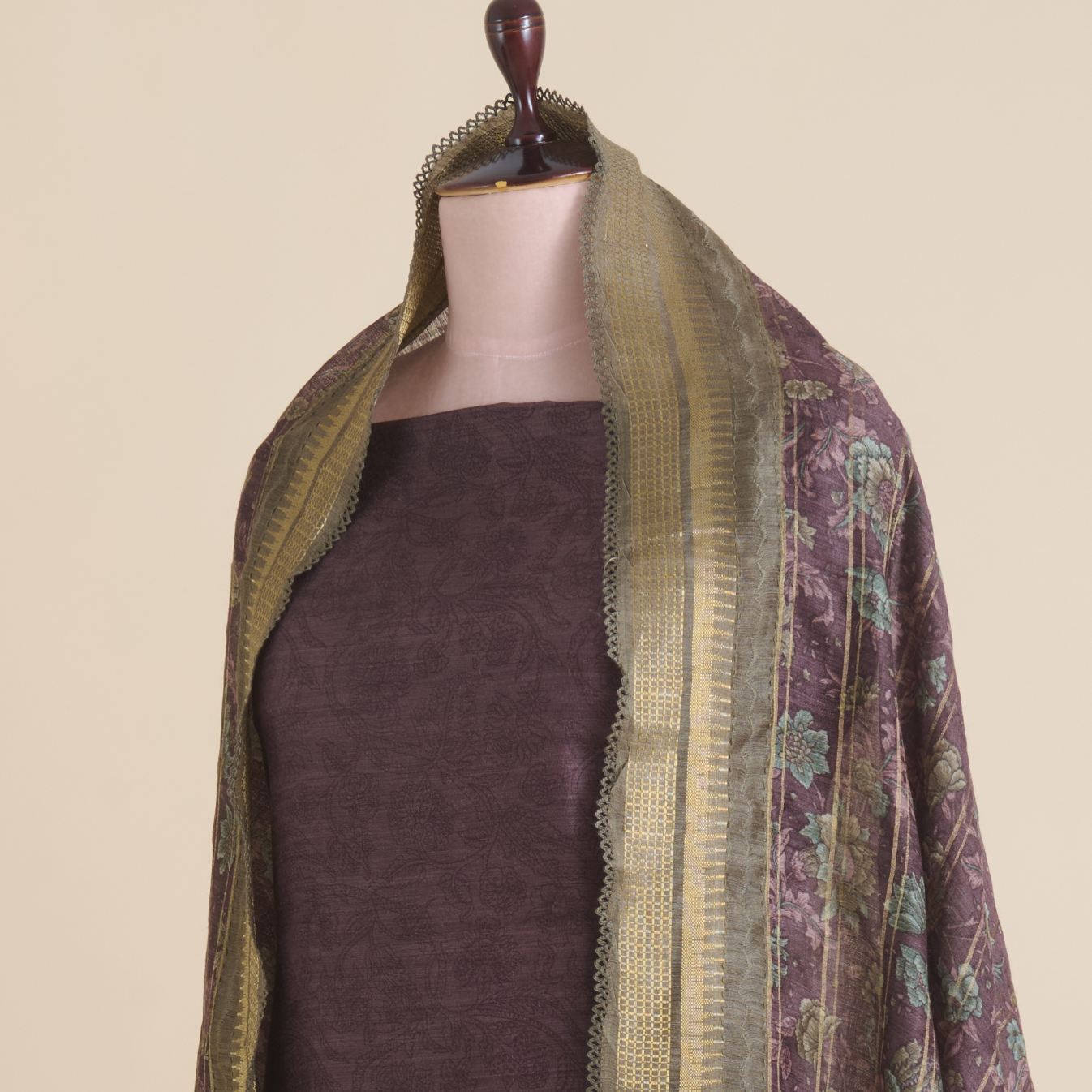 Dusty Brown Muga Silk Katha Embroidered Suit Set