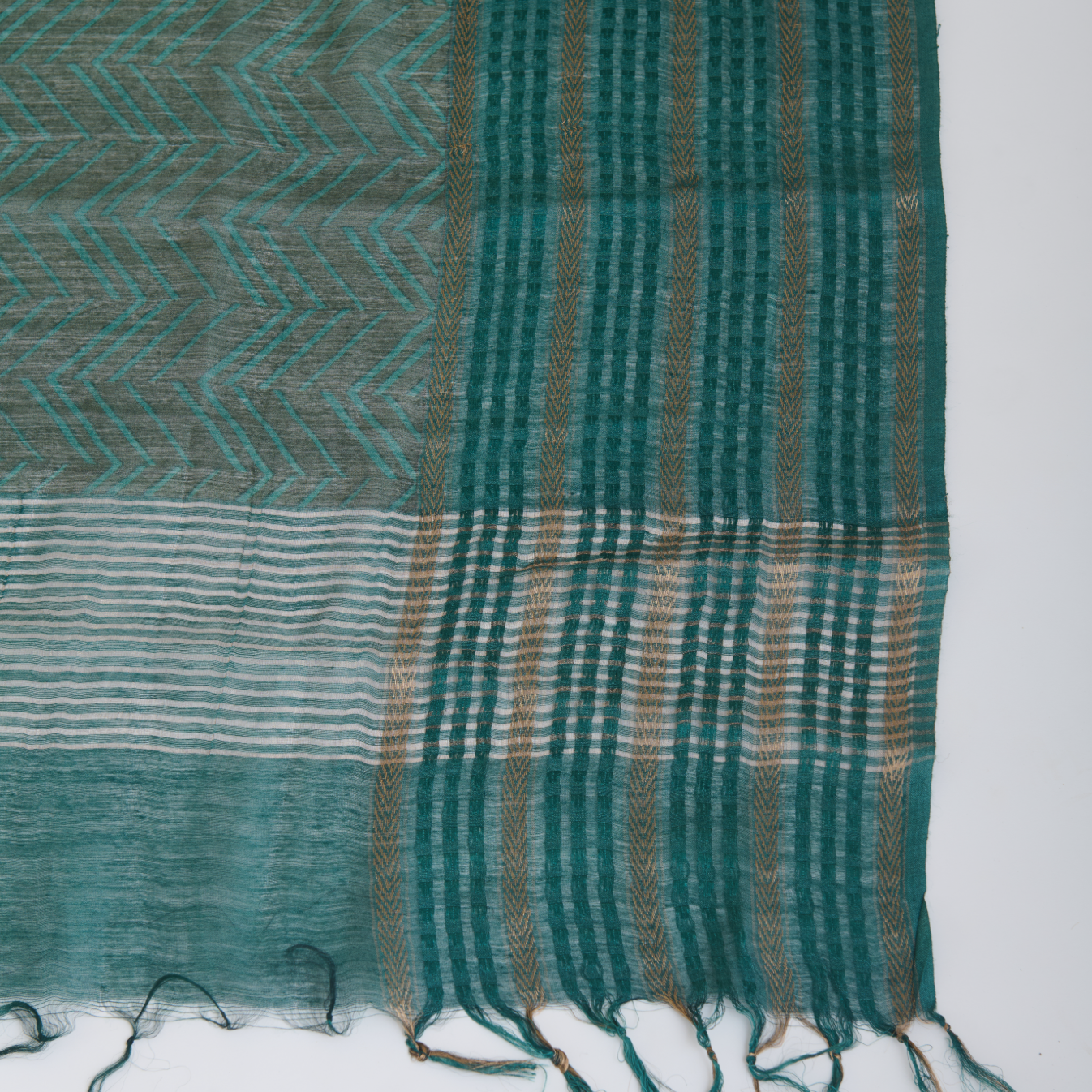 Dusty Green Muga Silk Katha Embroidered Suit Set