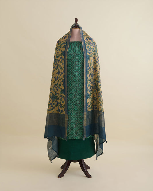 Green Munga Tussar Self Weave Kurta with Printed Dupatta & Silk Bottom by Vandana
