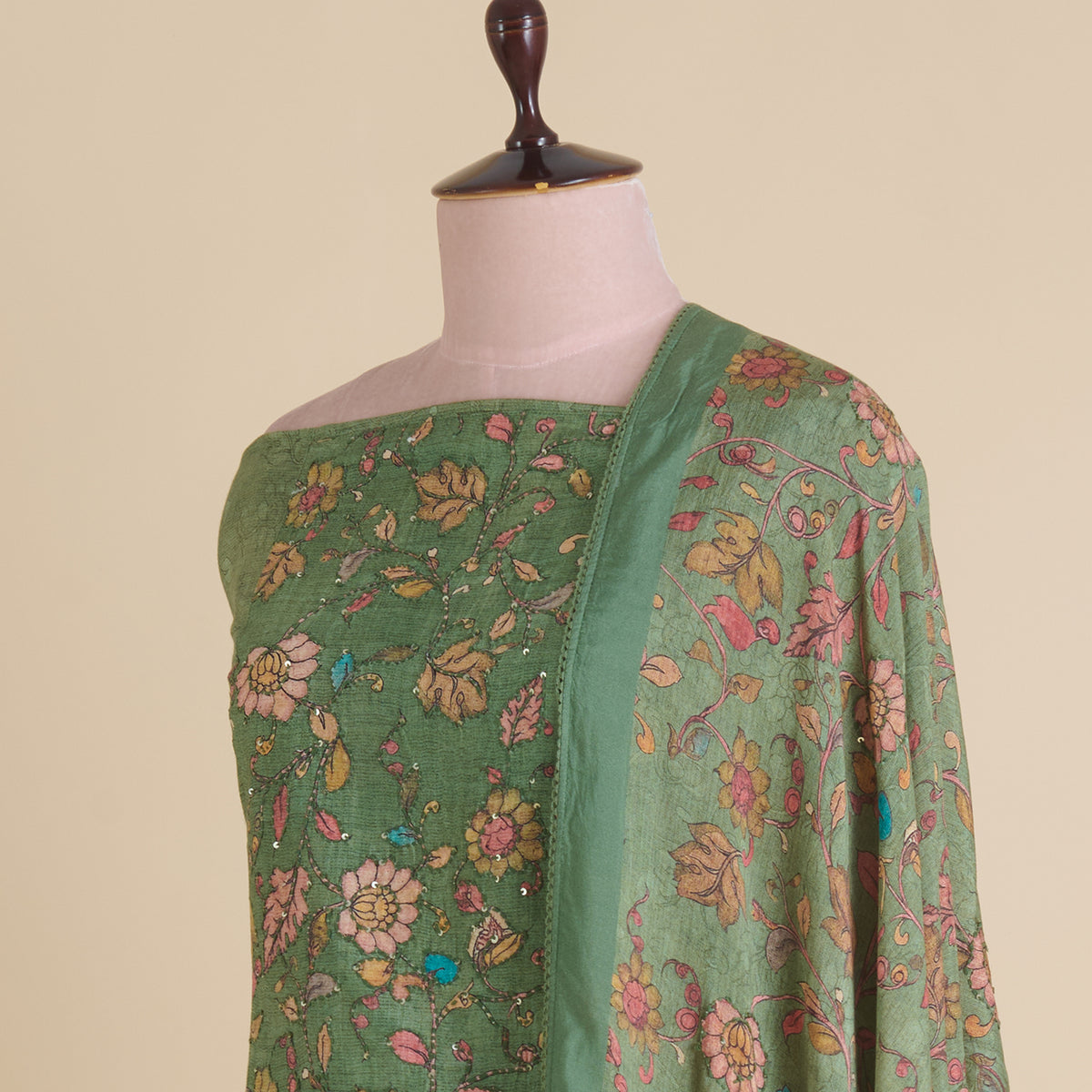 Green Muslin Printed Kurta with Kantha & Sequin Yoke