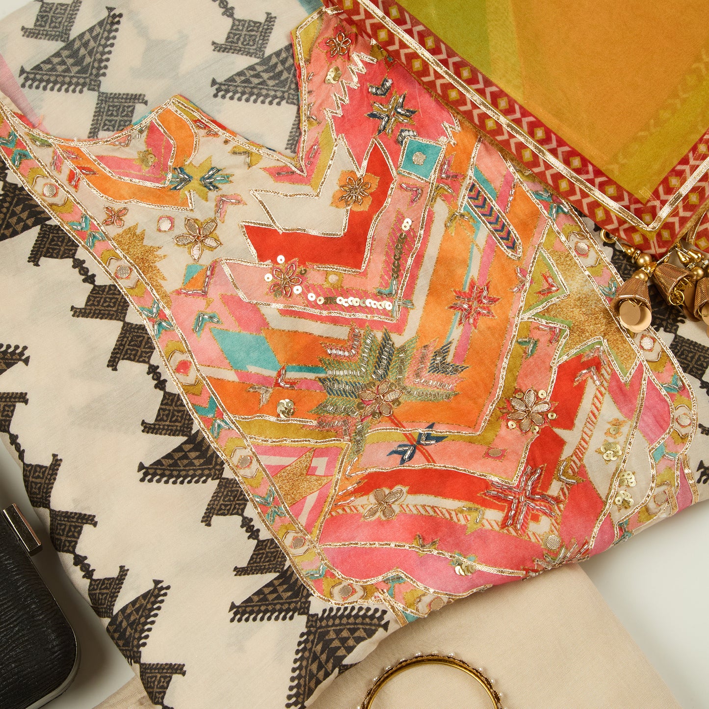 Light Beige Muslin Printed Suit with Cut-Dana Embroidery and Organza Dupatta