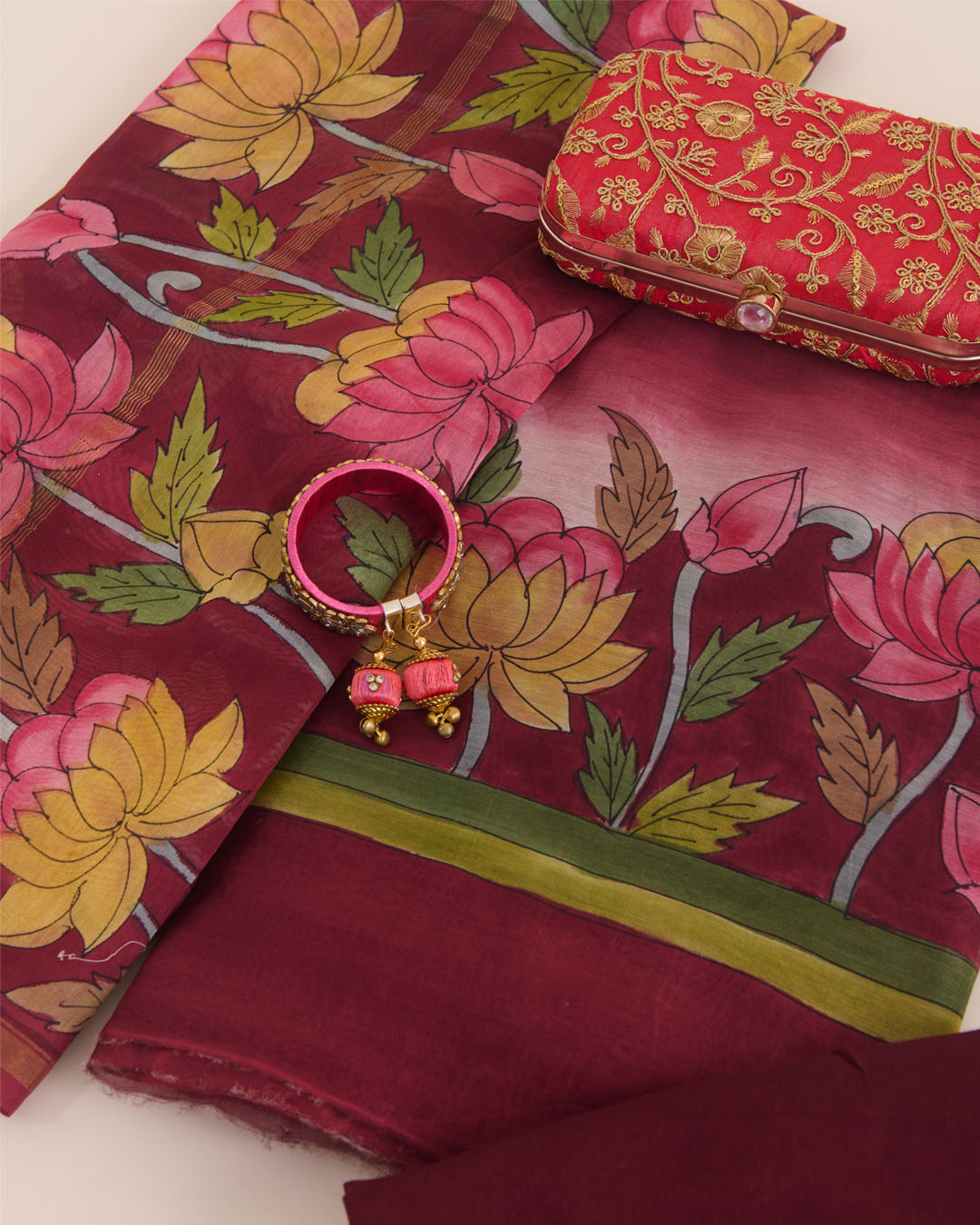 Maroon Beige Munga Tussar Printed Kurta Suit with Hand Printed Dupatta