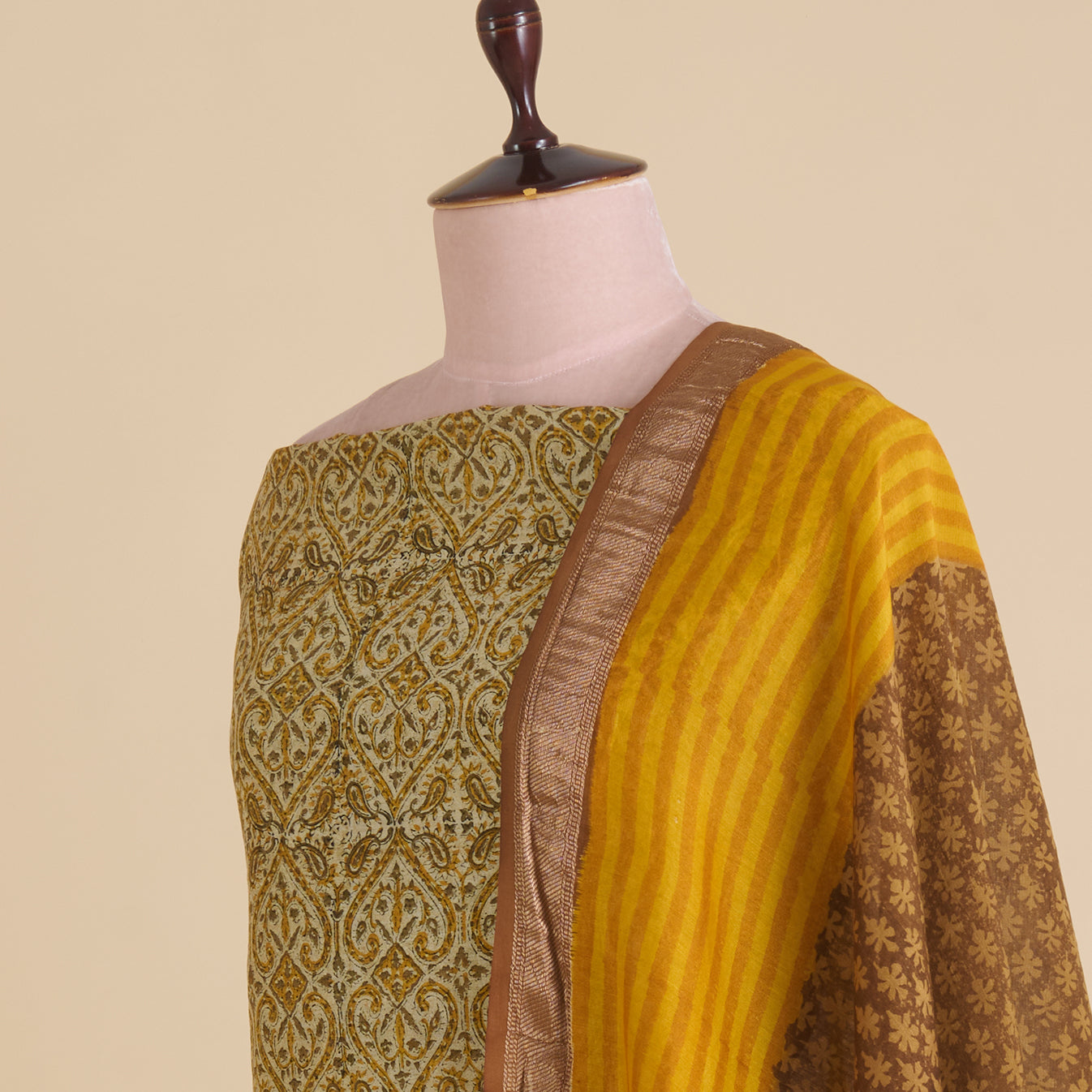 Mustard Maheshwari Printed Kurta with Woven Border & Dupatta
